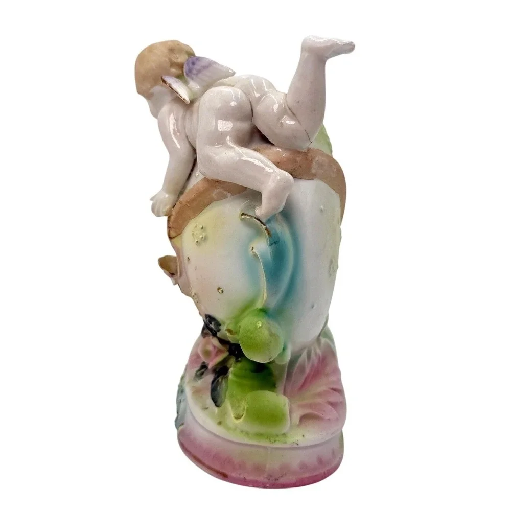 Antique Victorian Porcelain‎ Cherub Putti Figurine Applied Flowers 1800s
